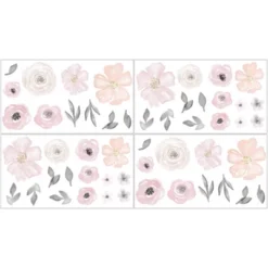 Sweet Jojo Designs Girl Wall Decal Stickers Art Nursery Décor Watercolor Floral Pink And Grey 4pc