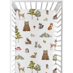 Sweet Jojo Designs Boy Girl Gender Neutral Unisex Fitted Crib Sheets Set Watercolor Woodland Forest Animals Green Brown White 2pc