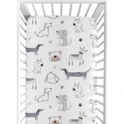 Sweet Jojo Designs Boy Baby Fitted Crib Sheet Cartoon Puppy White Taupe And Blue -Kids House GUEST 437c6bb8 1f77 4de4 889a 7a286c141934