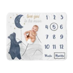 Sweet Jojo Designs Gender Neutral Baby Milestone Blanket Bear And Moon Blue Gold And White -Kids House GUEST 567f05f1 62fc 40ad 8031 91ac315f704d