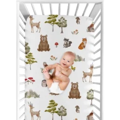 Sweet Jojo Designs Gender Neutral Unisex Baby Fitted Crib Sheet Watercolor Woodland Forest Animals Green Brown White -Kids House GUEST 59440579 a166 4605 960d a021b4f3a241