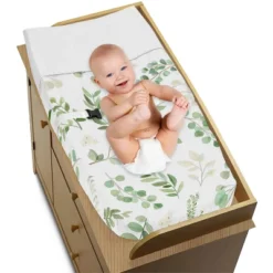 Sweet Jojo Designs Girl Changing Pad Cover Botanical Leaf Green And White