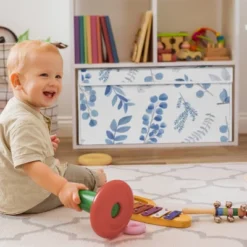 Sweet Jojo Designs Fabric Storage Toy Bin Botanical Blue And White Leaves