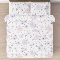 3pc Queen Bedding Set Sweet Jojo Designs Watercolor Floral Lavender/Gray - SWeet Jojo Designs