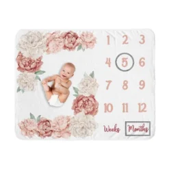 Sweet Jojo Designs Girl Baby Milestone Blanket Peony Floral Garden Pink And Ivory -Kids House GUEST 967cf86f 0d35 4ddc 89bc 2651856913c6
