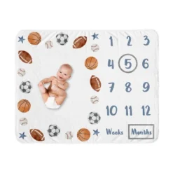 Sweet Jojo Designs Boy Baby Milestone Blanket Watercolor Sports Theme Blue Brown And Orange -Kids House GUEST aedf4c96 a7a7 46f5 83df 85806da8fb52