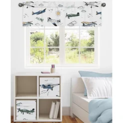 Sweet Jojo Designs Boy Window Valance Treatment 54in. Vintage Airplane Green Blue And Yellow