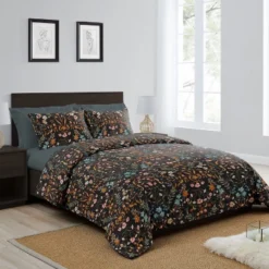 Sweet Jojo Designs King Duvet Cover And Shams Set Boho Floral Wildflower Black And Orange 3pc