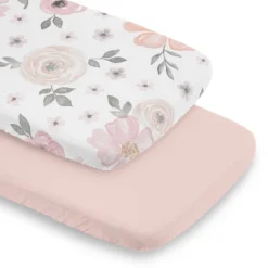 Sweet Jojo Designs Girl Baby Bassinet Fitted Sheets Set Watercolor Floral Pink Grey And White 2pc -Kids House GUEST fa81ca93 c3c2 4bd5 acb6 9c247ff93fe1